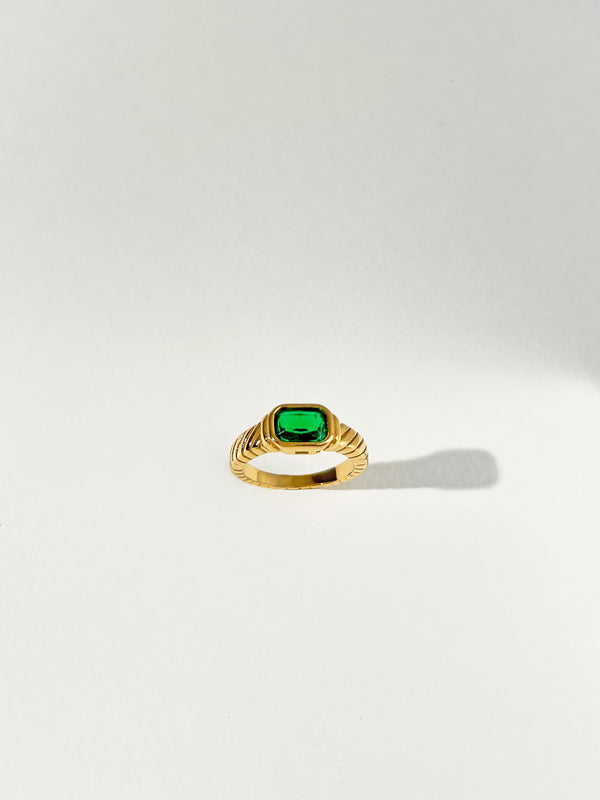 Jaded - Rectangle Ribbed Zircon Ring (Emerald)
