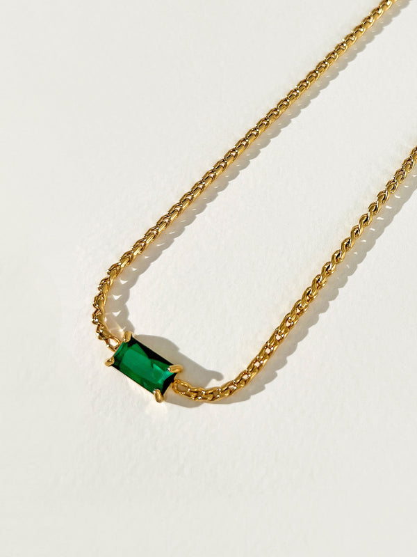 Solitaire - Rectangle Zircon Charm Necklace (Emerald)