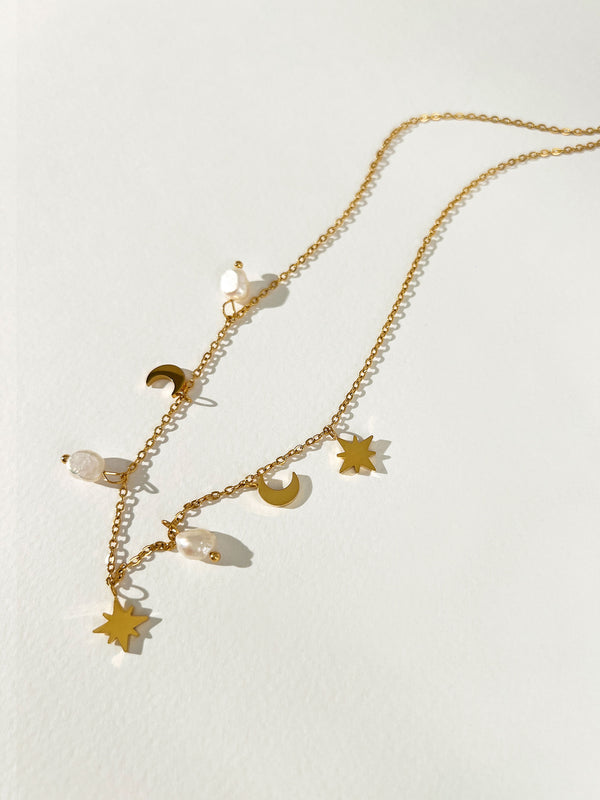 Sparkle - Star Moon & Pearl Multi Charms Necklace