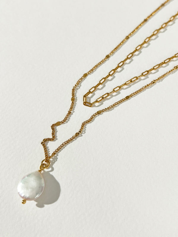 Truthfully - Double Chains Large Freshwater Pearl Charm Necklace
