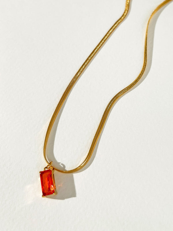 Yesterday - Rectangle Zircon Charm Snake Chain Necklace (Ruby Red)